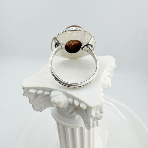 Vintage Goldstone Ring Silver Tone Oval Cabochon Boho Statement 1970s Retro - Picture 8 of 9